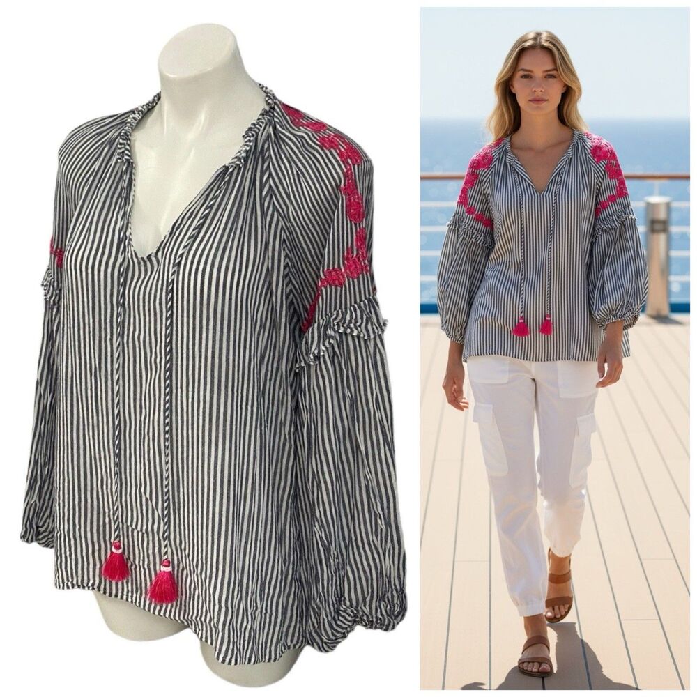 1st Sight Top Womens Large Boho Beach Stripe Shirt Ruffle Embroidery Work Office